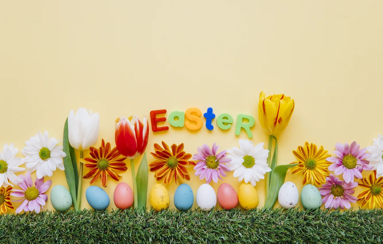 Photo wallpaper holiday, eggs, Easter, tulips