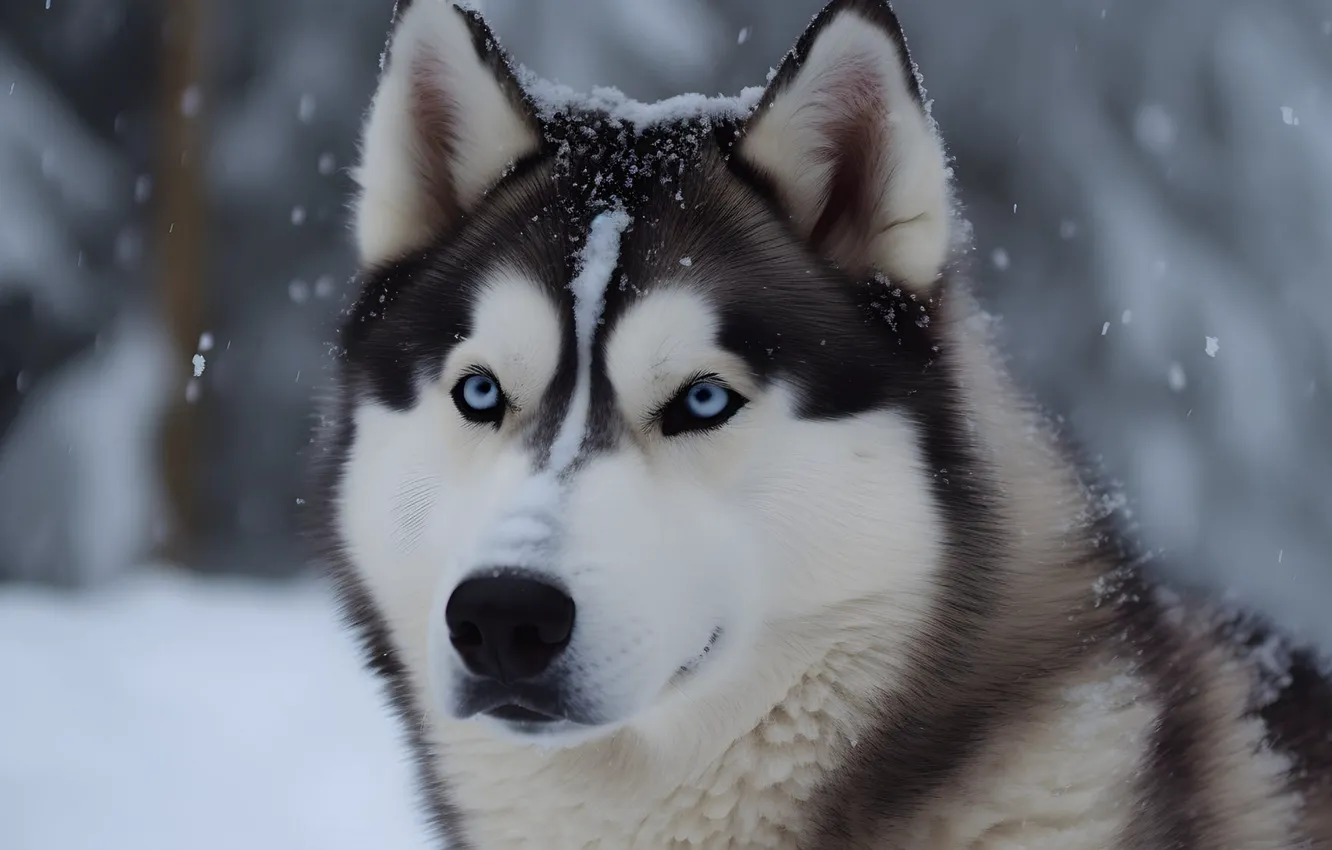 Photo wallpaper winter, rendering, dog, art, husky, digital art, digital art, AI art