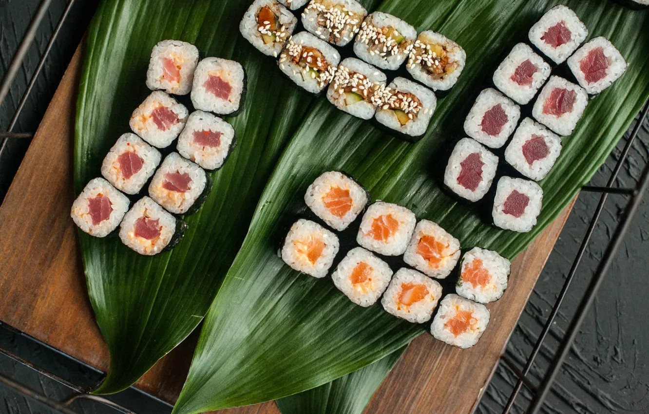Photo wallpaper leaves, rolls, seafood