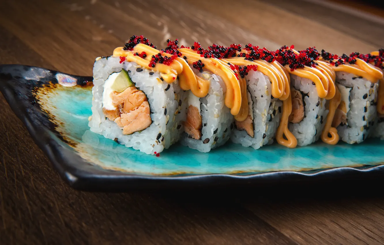 Photo wallpaper fish, sauce, rolls