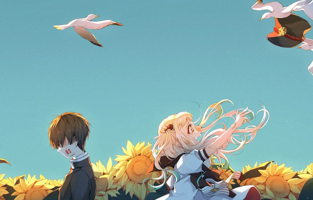 Photo wallpaper the sky, seagulls, boy, girl, Toilet boy Hanako-kun
