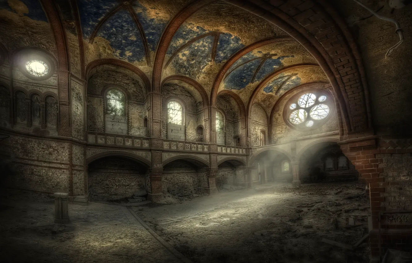 Photo wallpaper temple, stained glass, ruins, hall