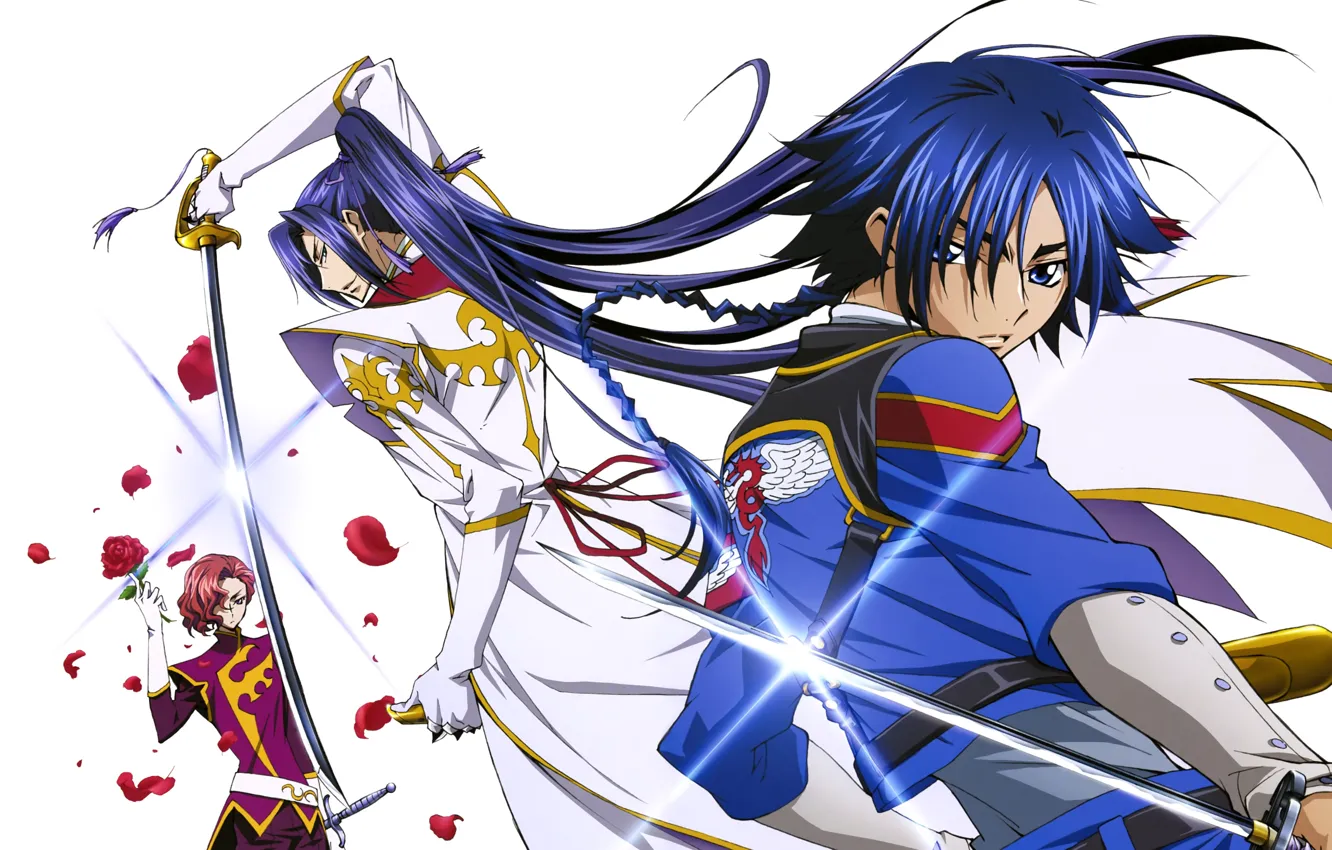 Photo wallpaper katana, white background, braid, emblem, guy, long hair, military uniform, Renegade Akito