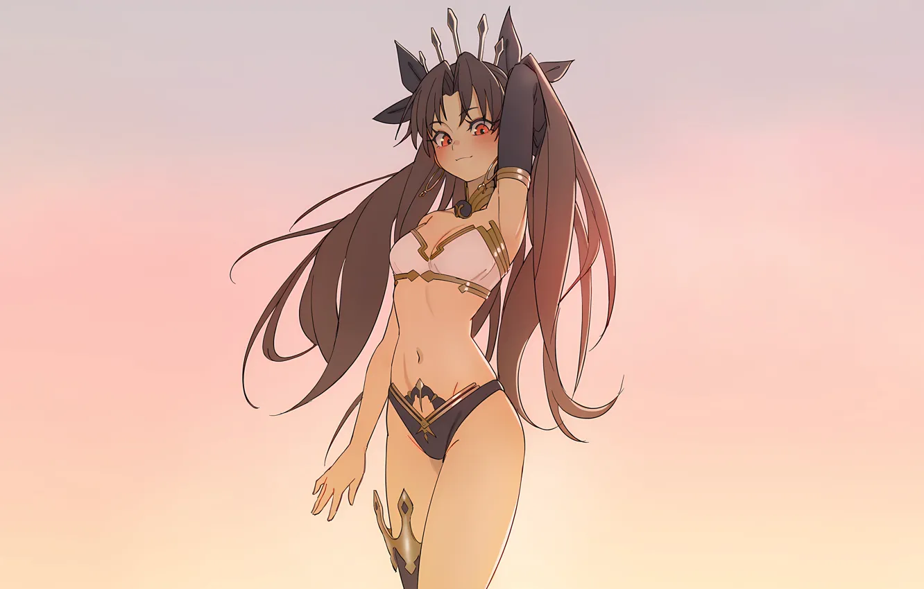 Photo wallpaper girl, sexy, cleavage, panties, thighhighs, long hair, brown hair, boobs