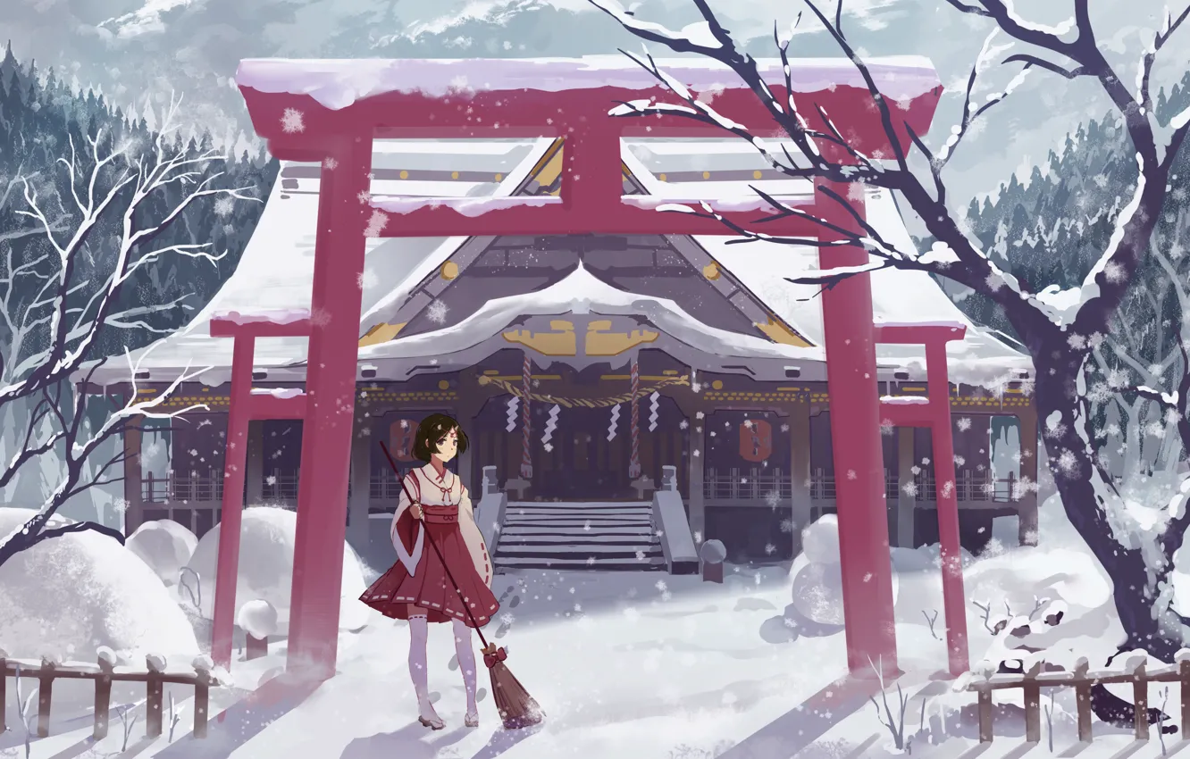 Photo wallpaper winter, girl, snow, art, temple, broom, the gates, haraguroi you