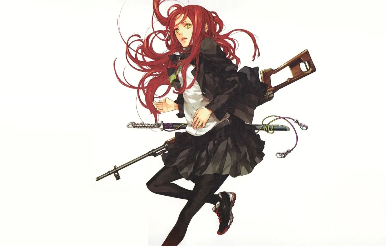Photo wallpaper katana, white background, red, schoolgirl, rifle, sneakers, art, kazuaki
