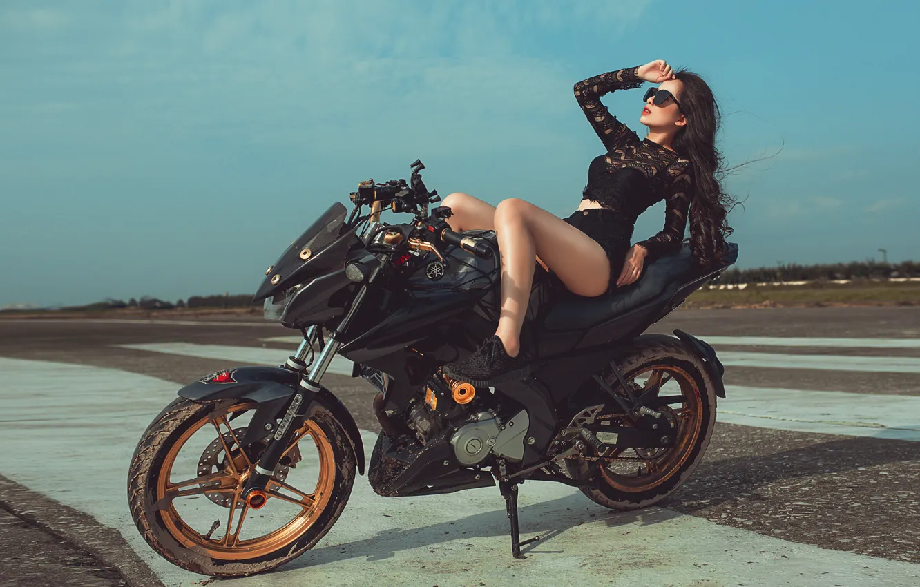 Photo wallpaper pose, model, glasses, motorcycle, Asian