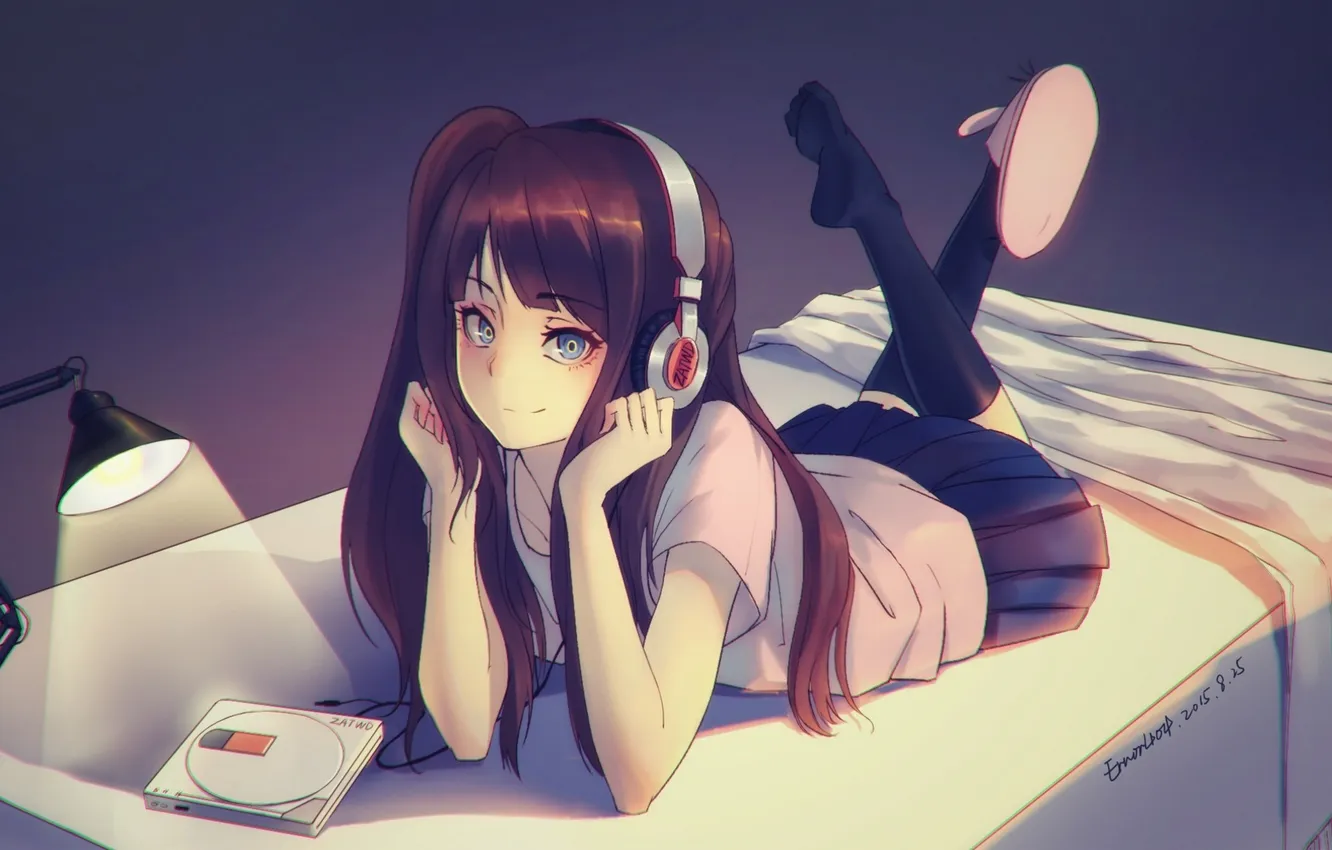 Photo wallpaper girl, smile, lamp, bed, anime, headphones, art, player