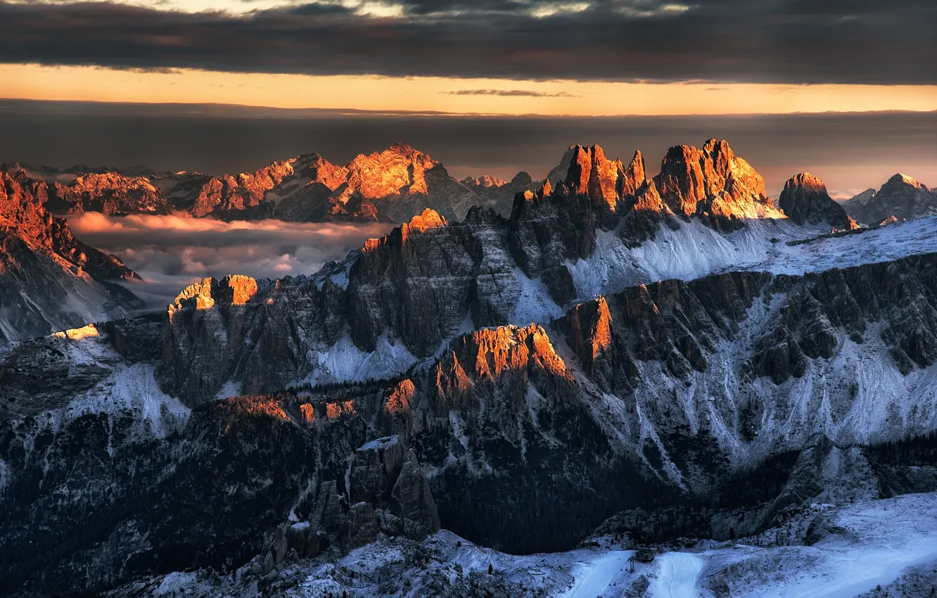 Photo wallpaper road, the sun, snow, mountains