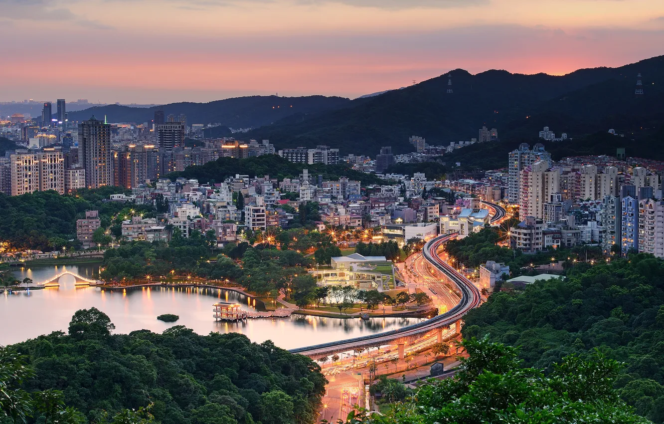 Photo wallpaper the sky, landscape, mountains, bridge, lights, home, the evening, highway