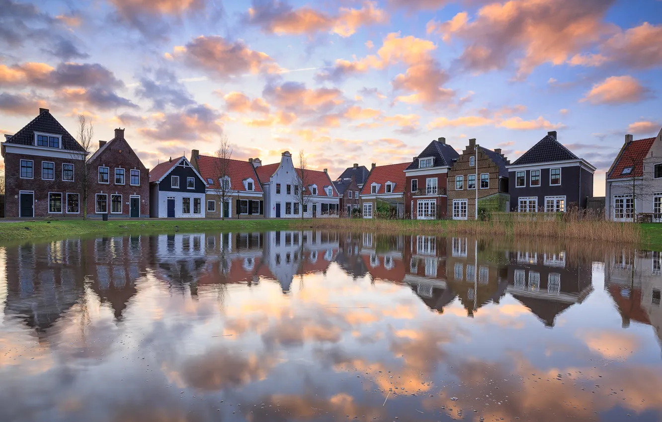 Photo wallpaper winter, the sky, water, clouds, reflection, home, Netherlands, the village