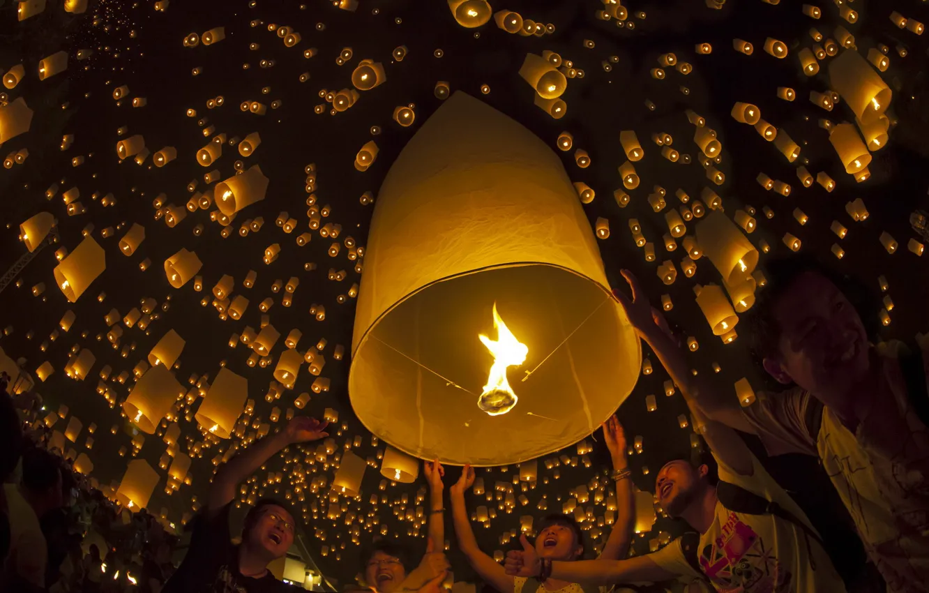 Photo wallpaper night, lamp, candle, festival, balloon