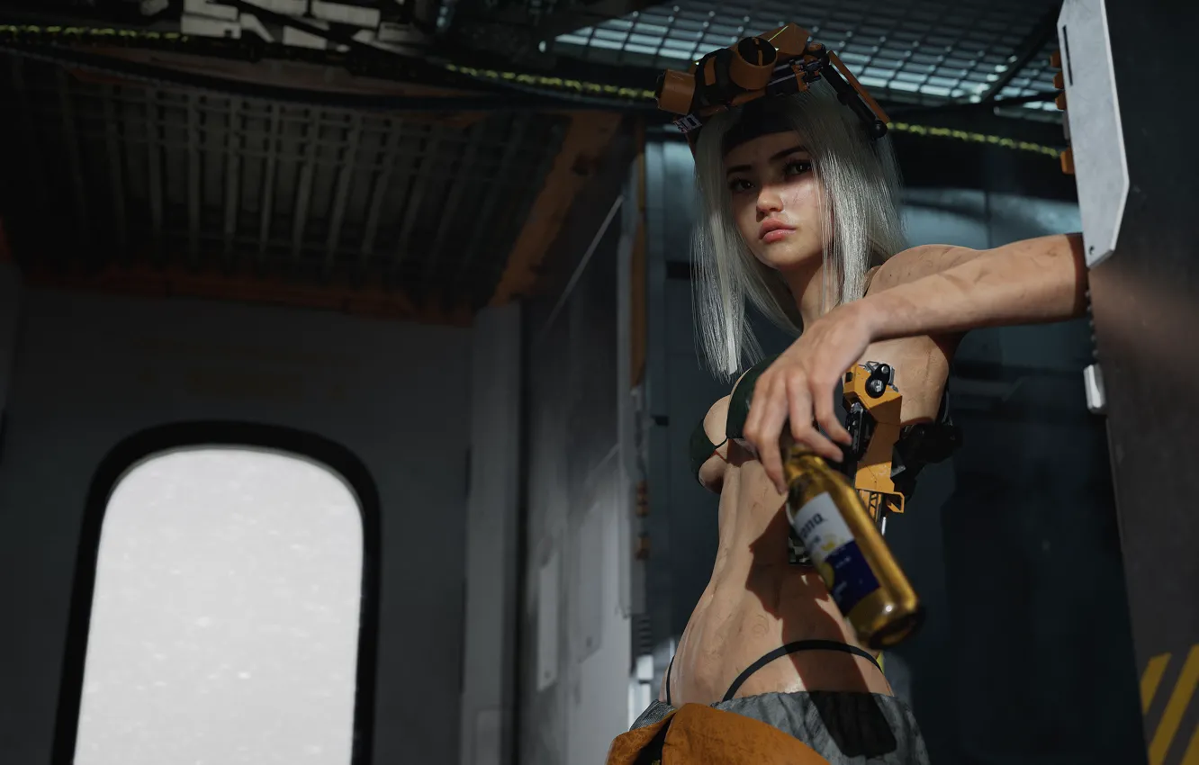 Photo wallpaper girl, beer, Cuberpunk, Corona Extra