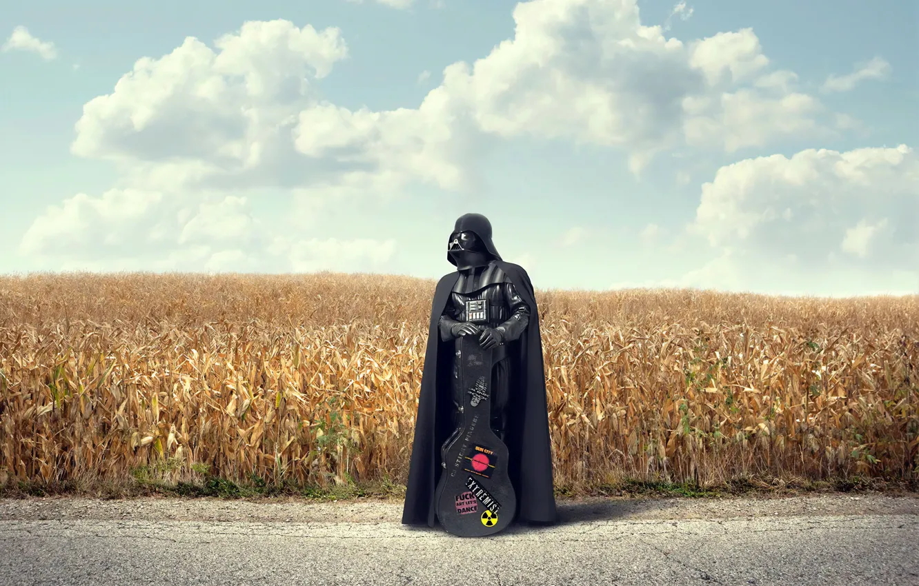 Photo wallpaper road, field, clouds, guitar, Darth Vader, cloak, Darth Vader