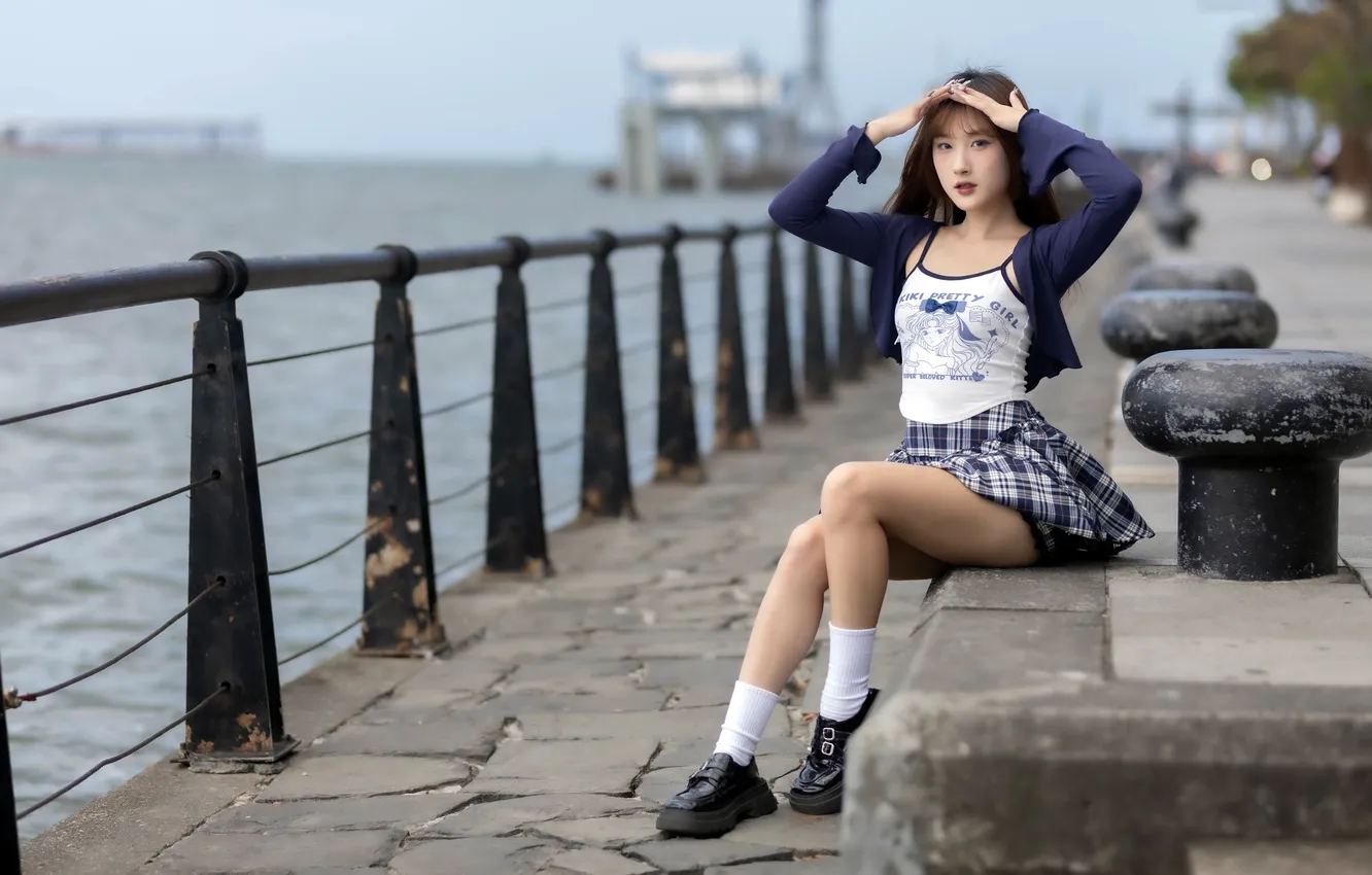 Photo wallpaper girl, pier, Asian