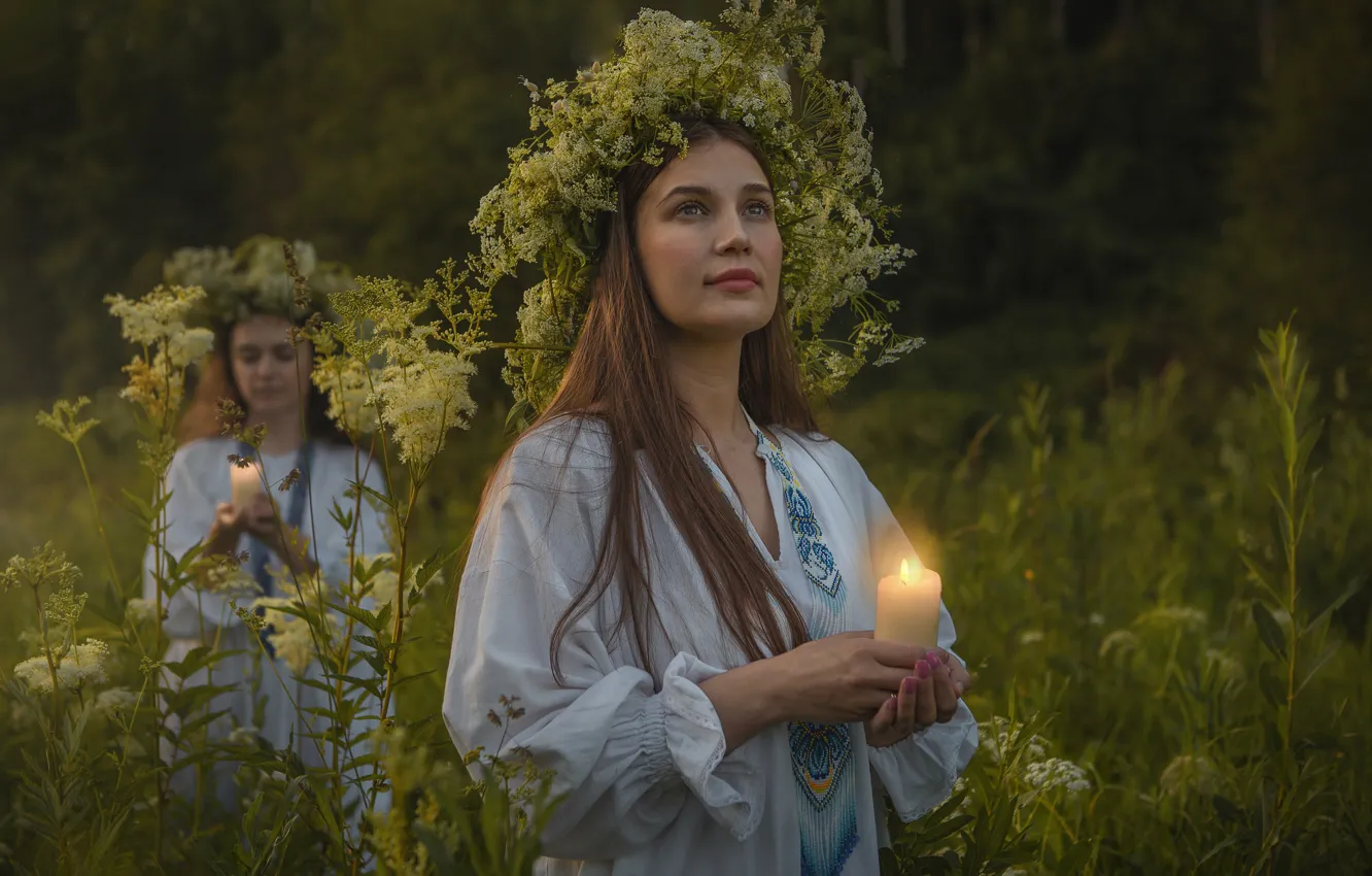 Photo wallpaper girl, flowers, candles, wreath, Ivan Kupala