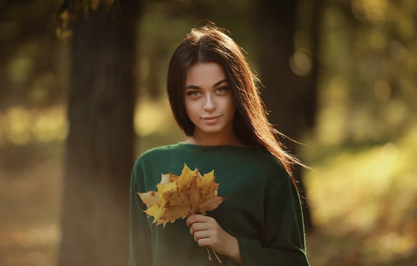 Photo wallpaper autumn, look, girl, face, portrait, maple leaves, bokeh, Arina