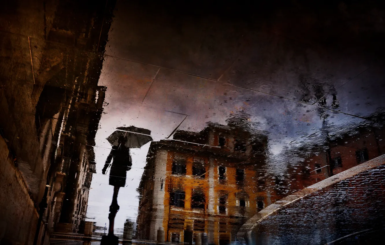 Photo wallpaper wet, the city, reflection, rain, silhouette