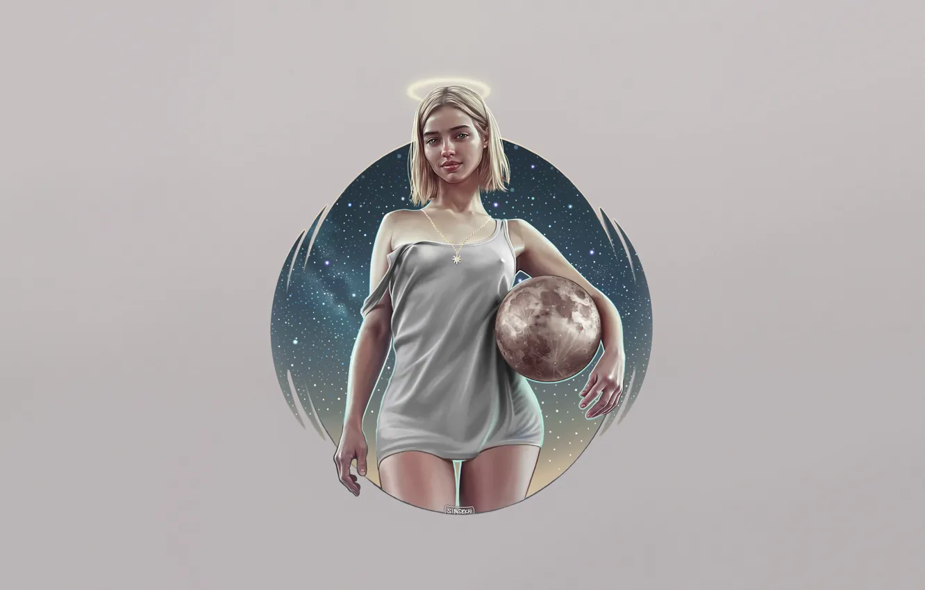 Photo wallpaper Girl, Minimalism, The ball, Planet, Blonde, Space, Style, Girl