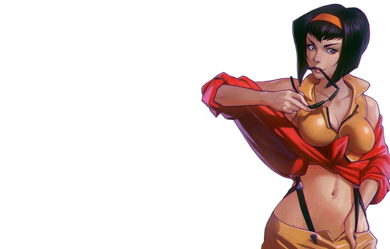 Photo wallpaper anime, short hair, belly, sunglasses, Faye Valentine, Cowboy Bebop, simple background, belly button