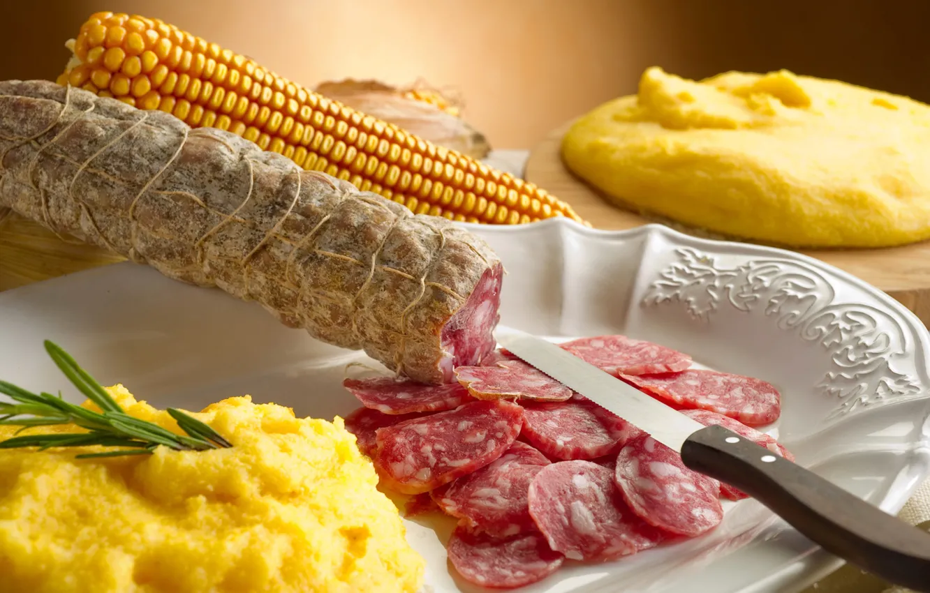 Photo wallpaper corn, plate, knife, sausage, cutting
