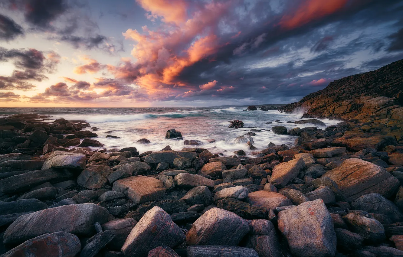 Photo wallpaper sea, the sky, clouds, clouds, stones, shore, surf, rocky shore