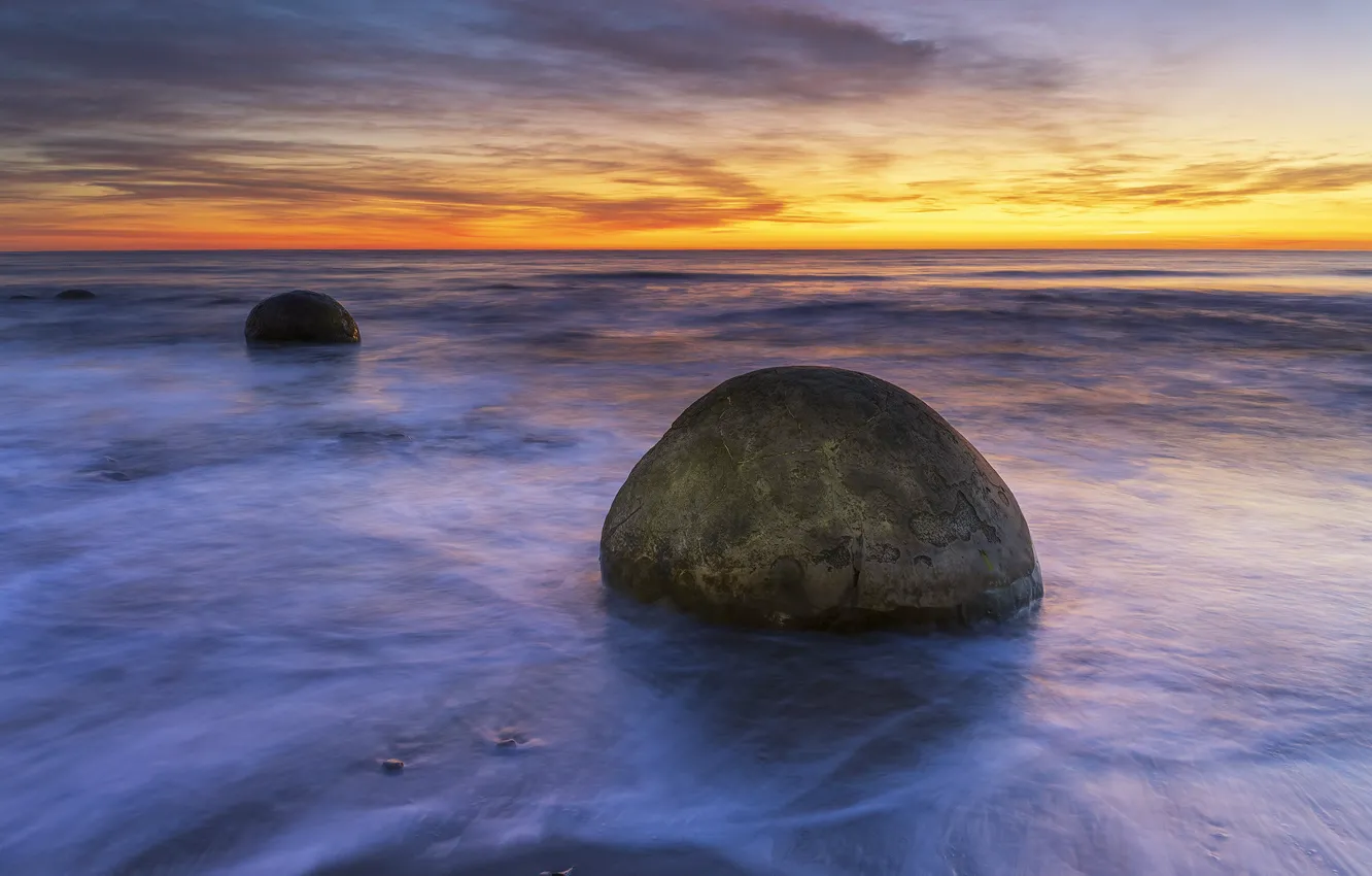 Photo wallpaper sea, sunset, stones
