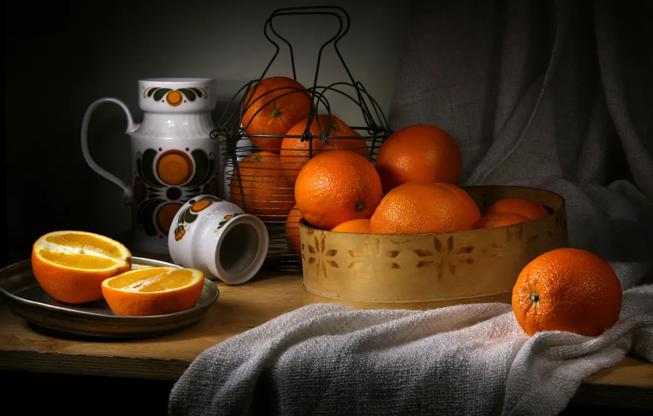 Photo wallpaper the dark background, orange, dishes, fabric, pitcher, still life, items, a lot