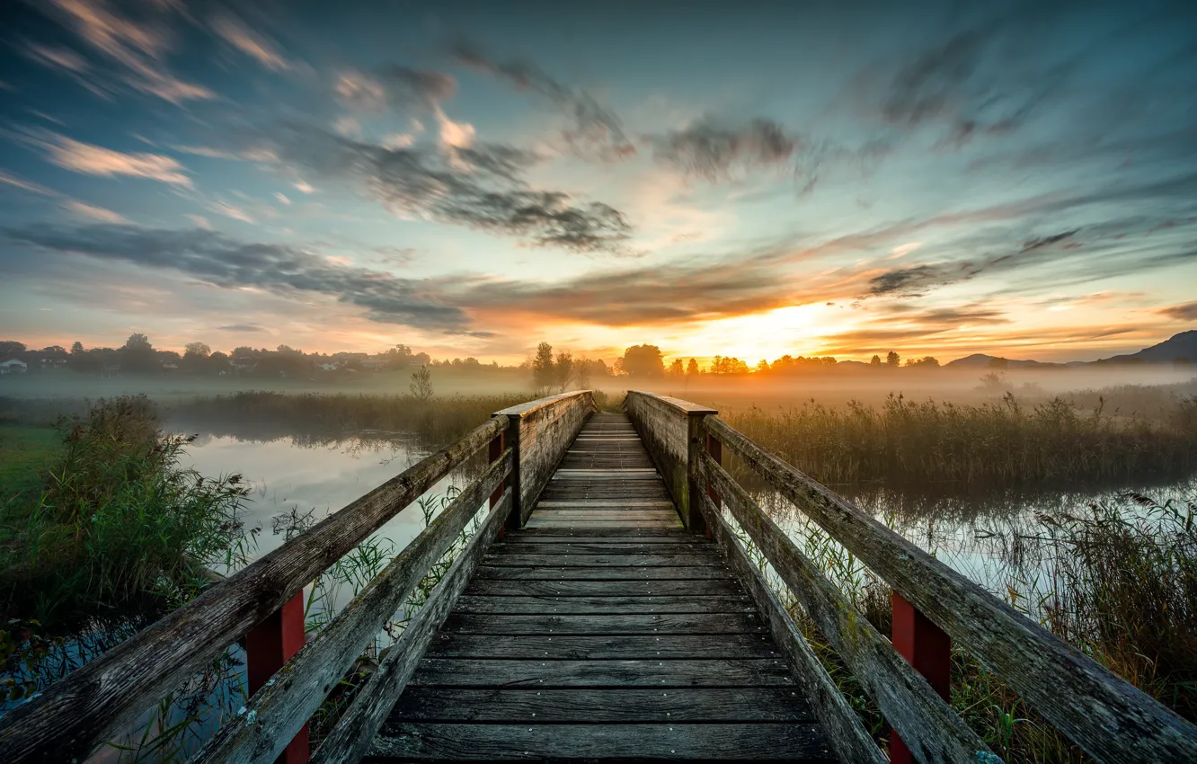 Photo wallpaper sunset, bridge, lake