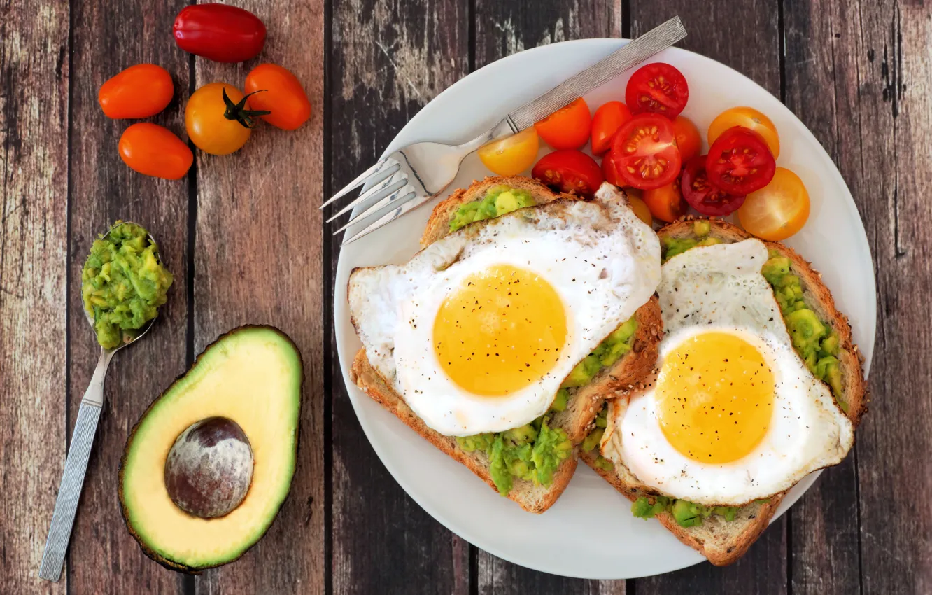 Photo wallpaper Board, plate, bread, spoon, plug, scrambled eggs, vegetables, tomatoes