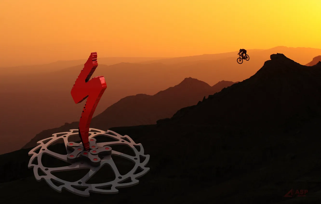 Photo wallpaper mountains, bike, rendering, sport, graphics, cinema 4d, biker, bike