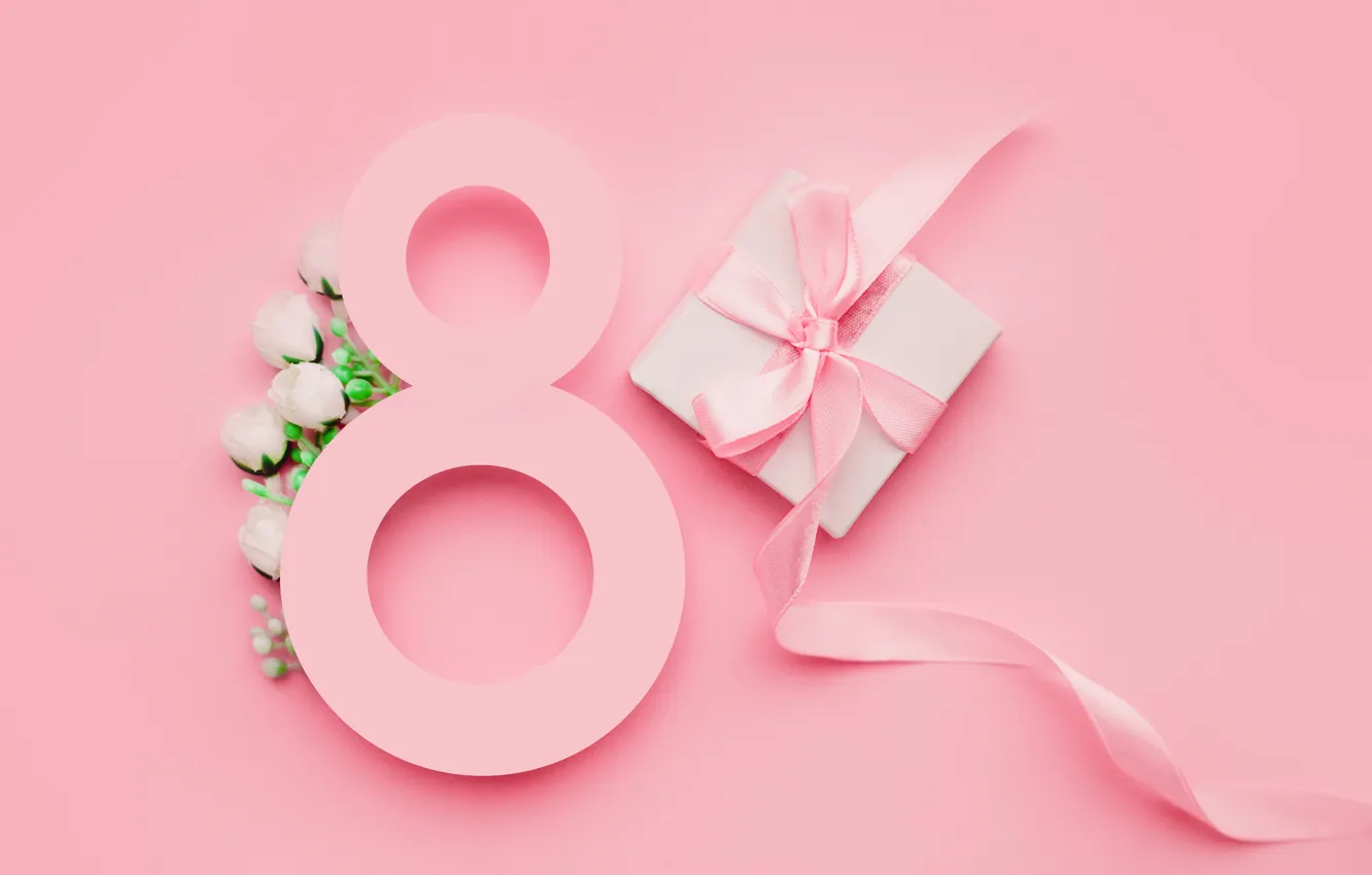 Photo wallpaper flowers, roses, figure, tape, happy, pink background, March 8, pink