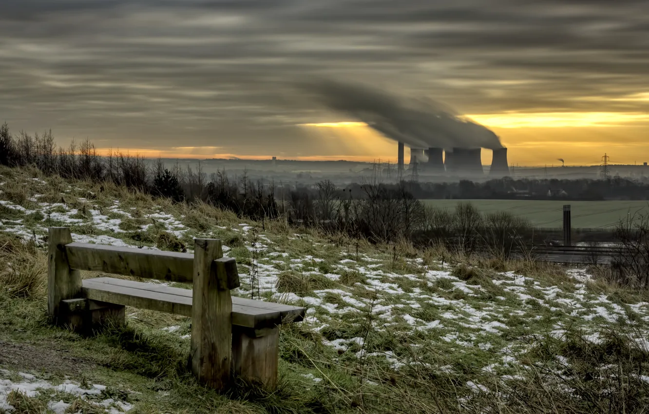 Photo wallpaper sunset, the city, bench