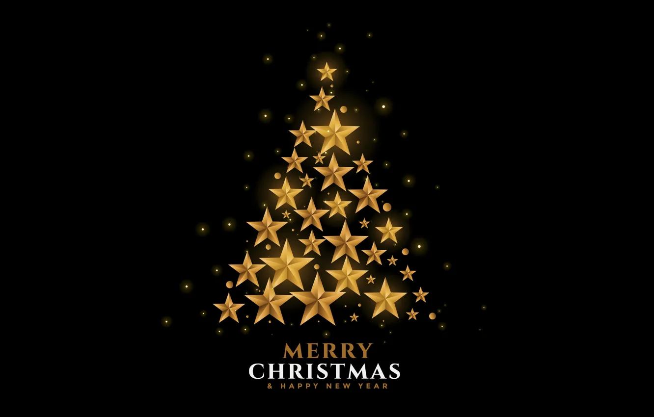 Photo wallpaper stars, decoration, gold, tree, new year, Christmas, golden, black background