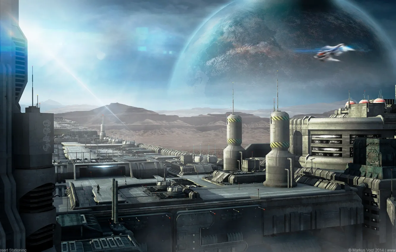 Photo wallpaper the sky, space, flight, mountains, planet, a beam of light, The Desert Station, ATX-7