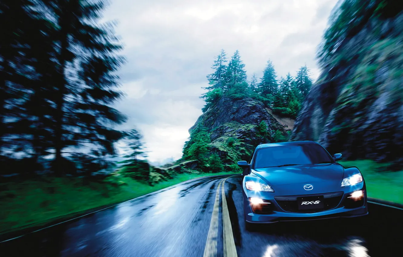 Photo wallpaper road, rocks, speed, Auto, Mazda RX 8