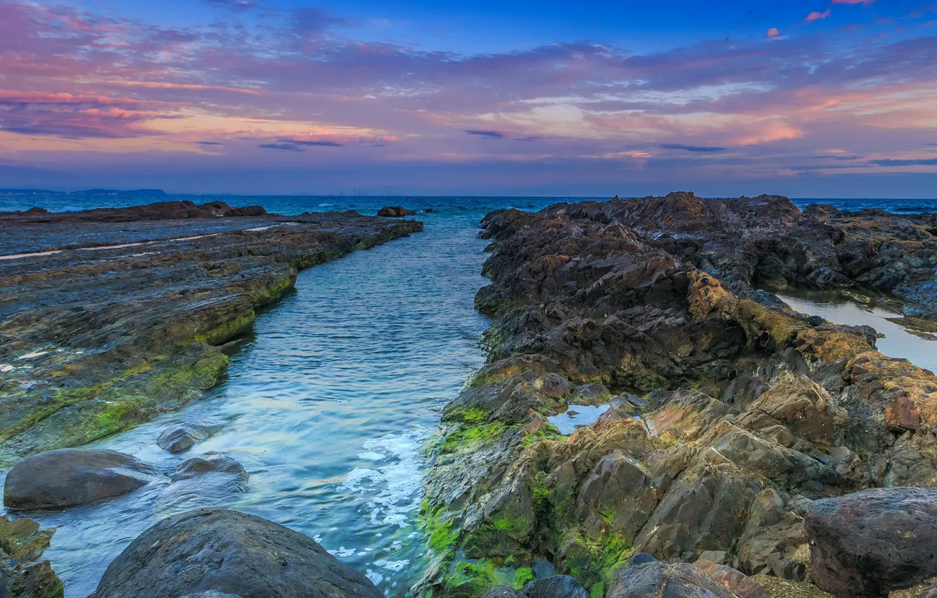 Photo wallpaper sea, the sky, sunset, stones, coast, horizon, Australia, Queensland