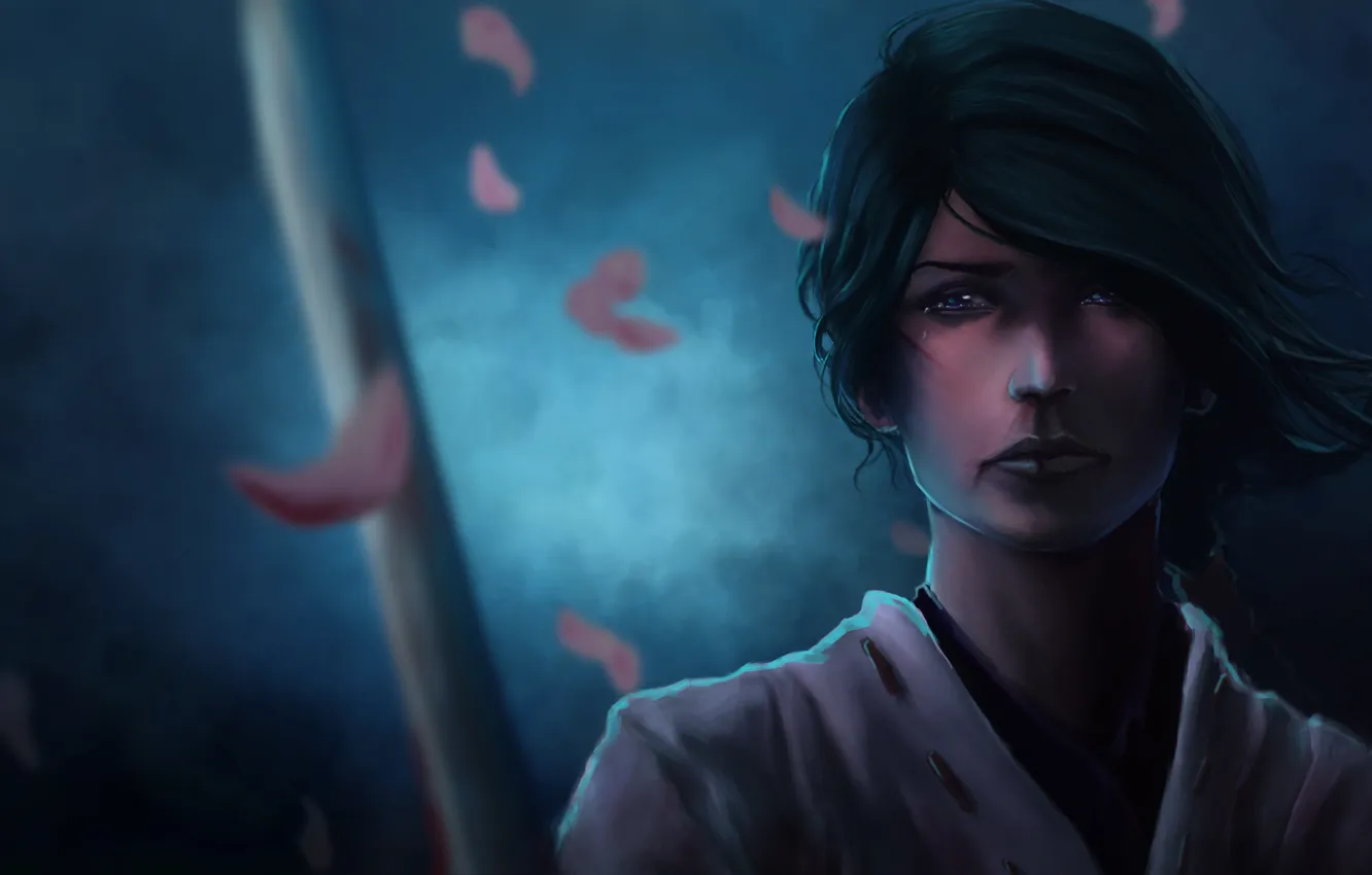 Photo wallpaper sword, katana, petals, tears, art, samurai