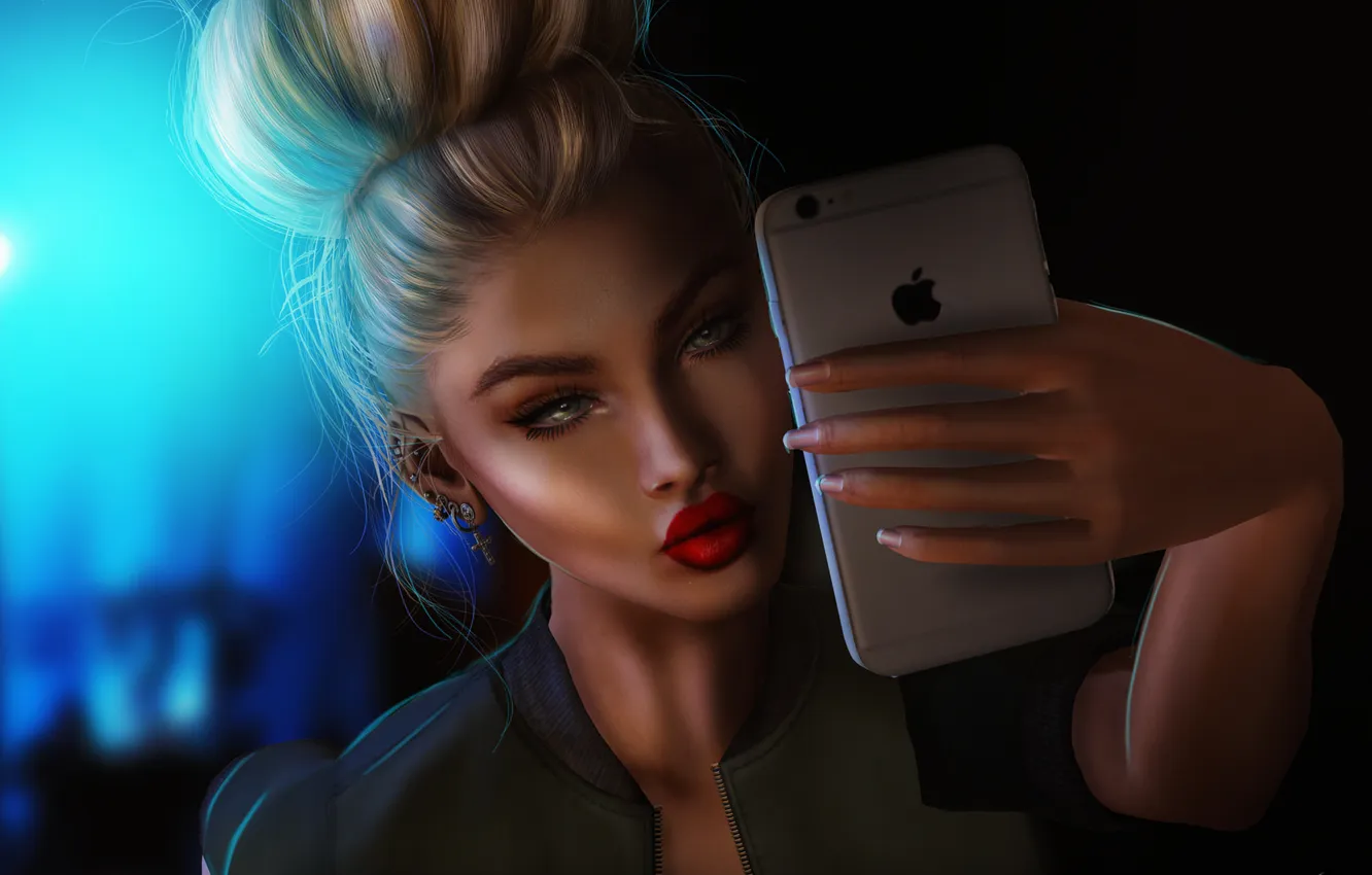 Photo wallpaper girl, face, background, hair, lipstick, lips, selfie, cellphones
