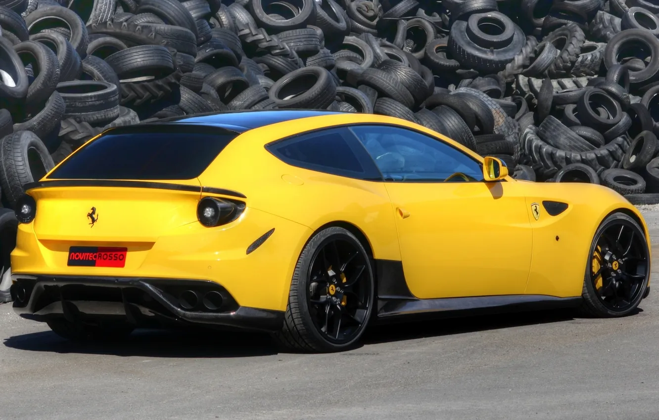 Photo wallpaper yellow, background, wheel, Ferrari, tires, supercar, Ferrari, rear view