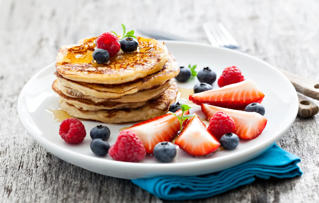 Photo wallpaper berries, raspberry, food, blueberries, strawberry, honey, plate, pancakes