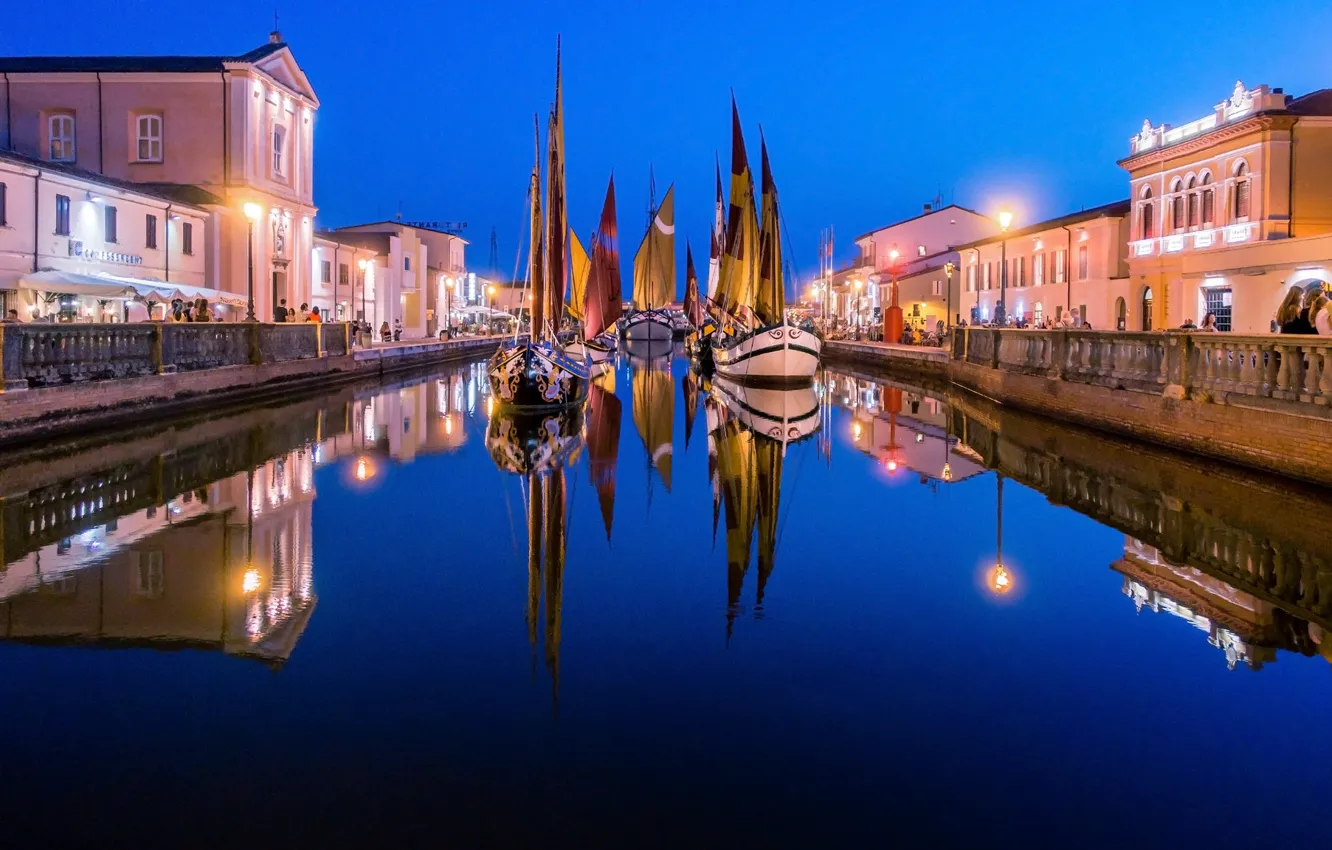 Photo wallpaper the city, lights, ship, the evening, Italy, channel, sail, parade
