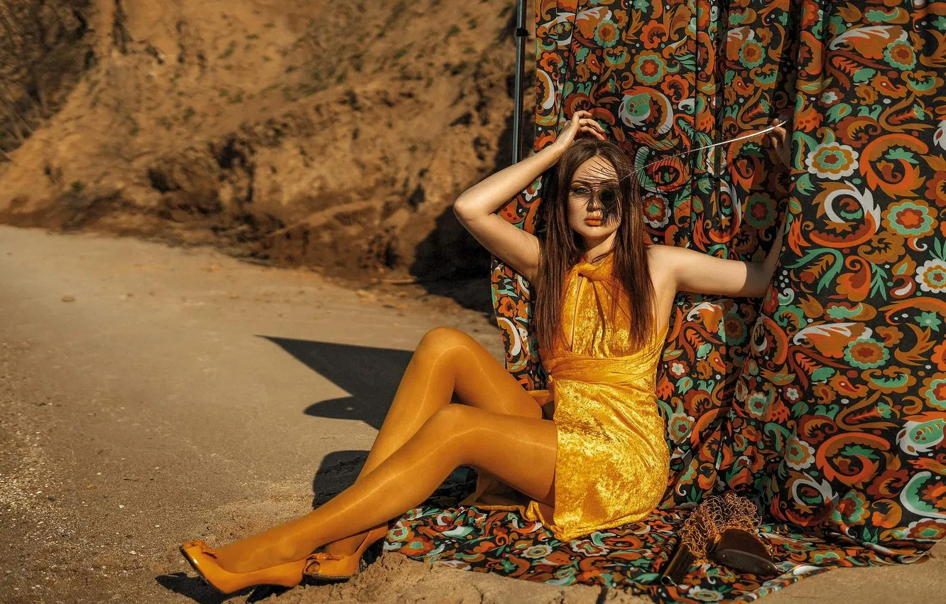 Photo wallpaper girl, fabric, peacock feather, yellow dress