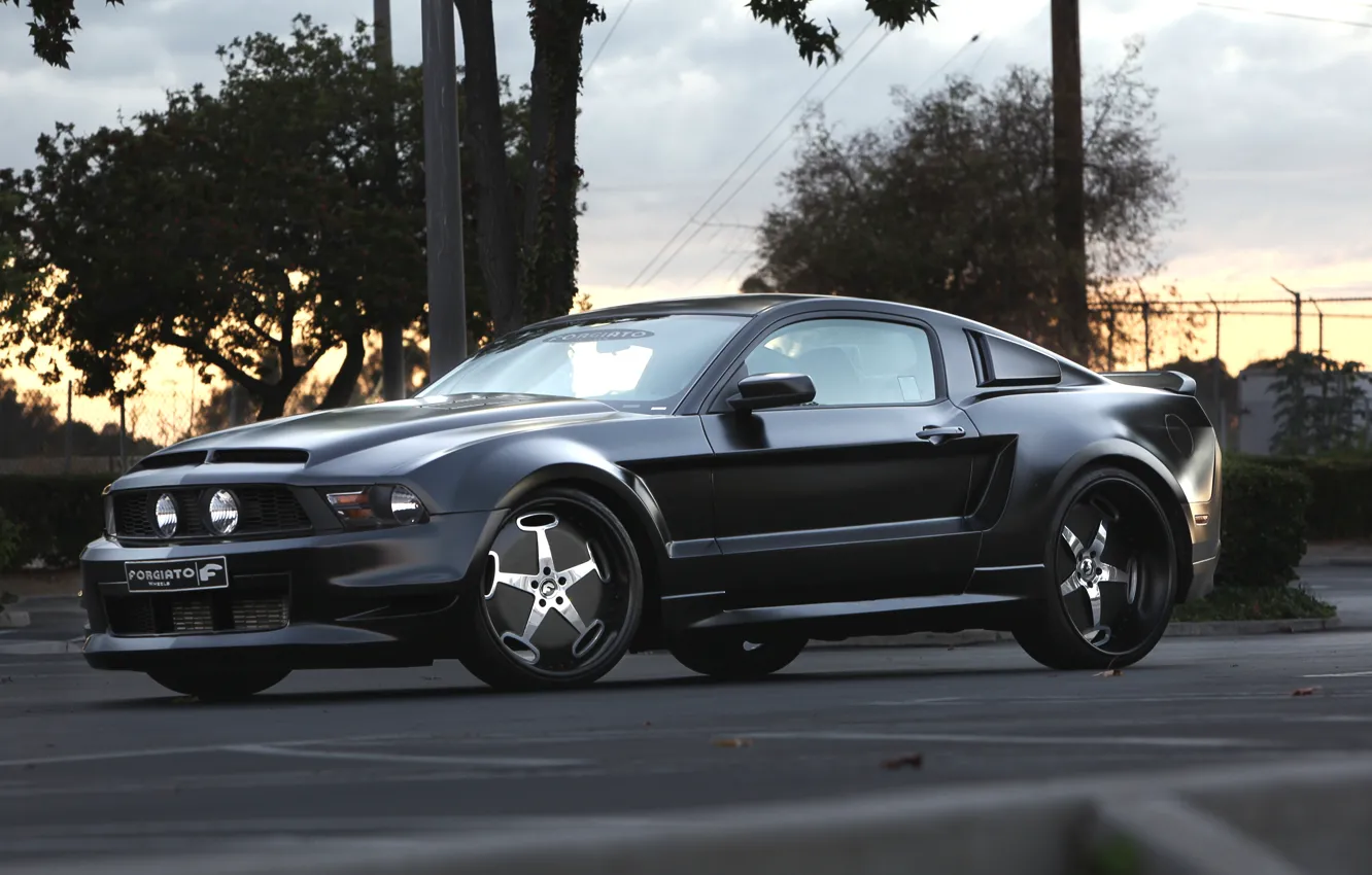 Photo wallpaper road, the sky, trees, sunset, black, tuning, car, drives