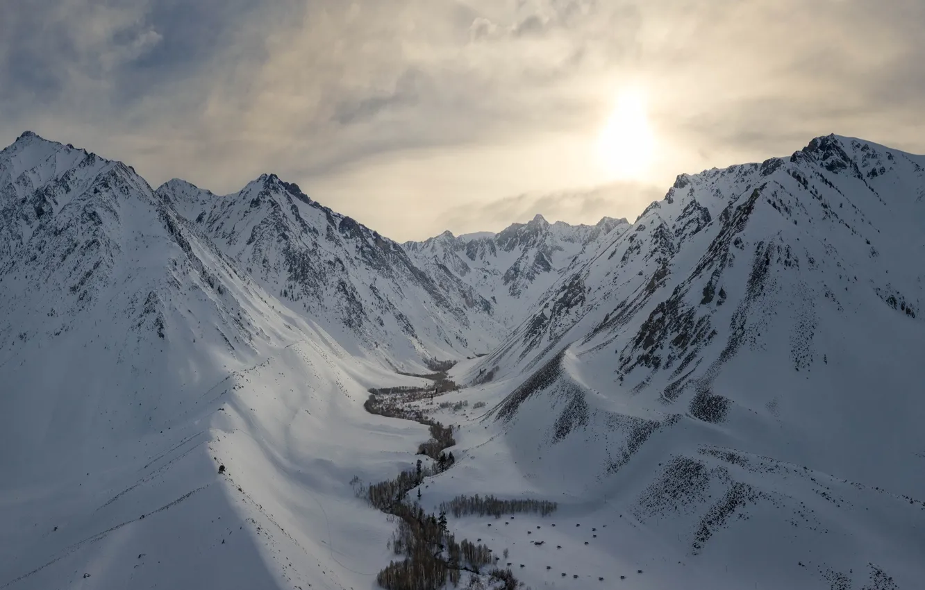 Photo wallpaper winter, forest, the sky, the sun, clouds, light, snow, mountains