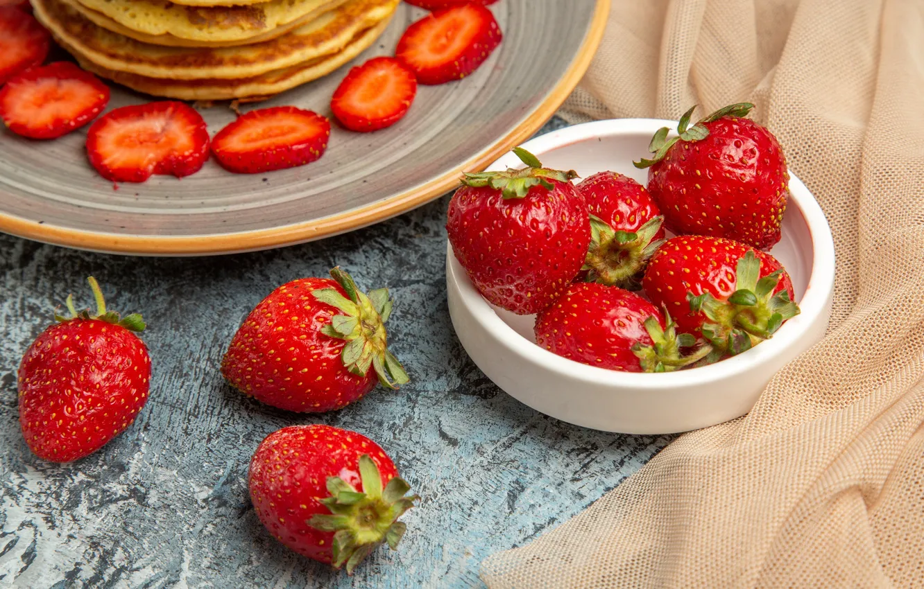 Photo wallpaper berries, table, strawberry, pancakes