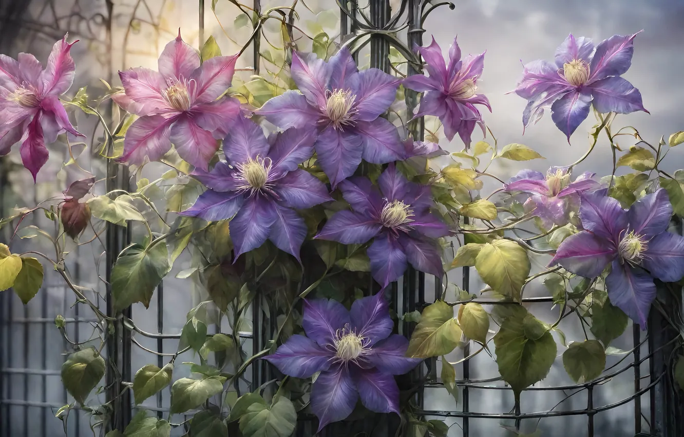 Photo wallpaper flowers, garden, support, clematis, AI art, neural network
