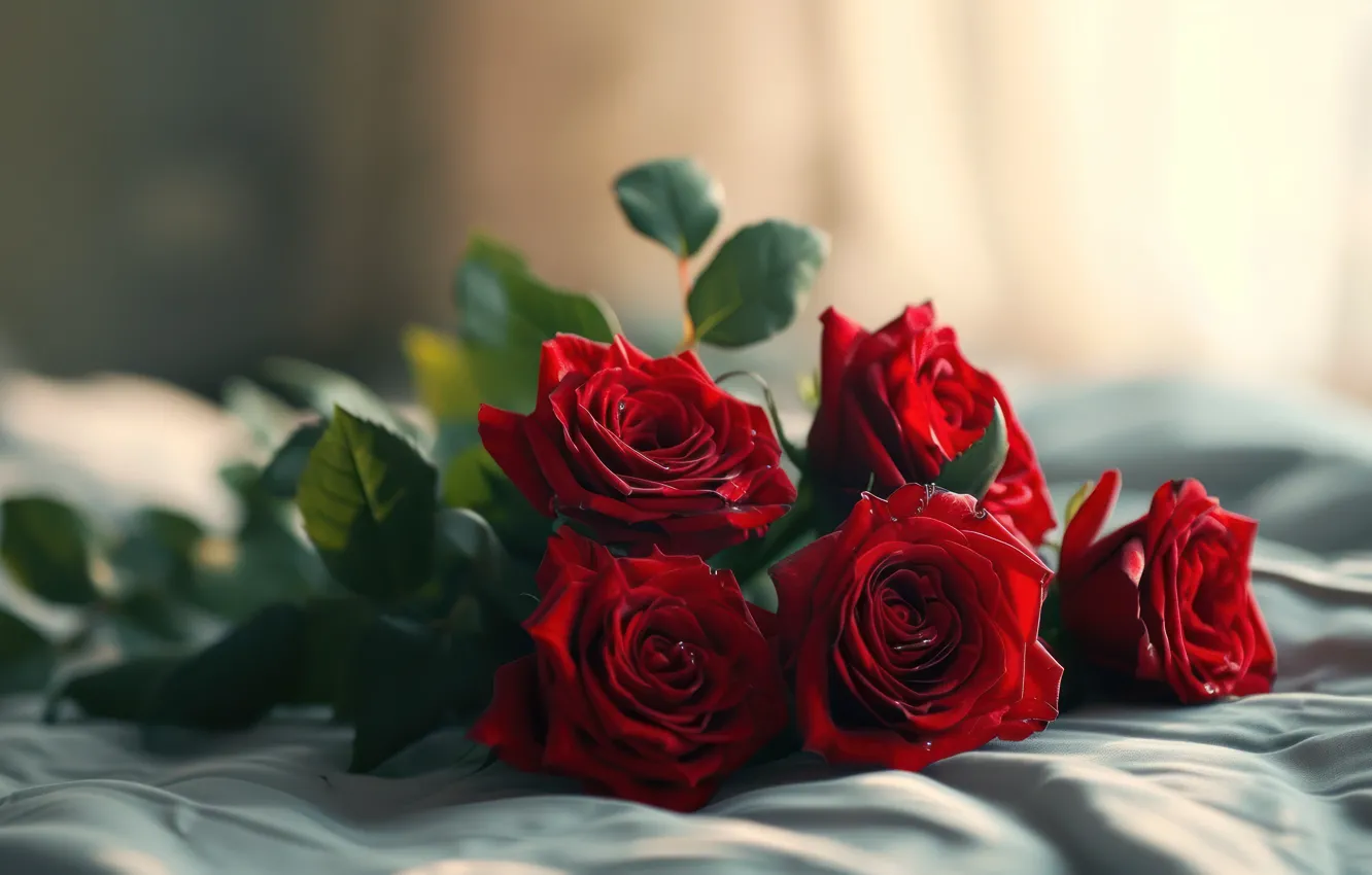 Photo wallpaper flowers, red, roses, bouquet, bed, AI art