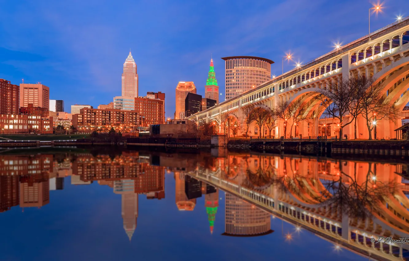 Photo wallpaper bridge, lights, reflection, home, USA, Cleveland, Ohio
