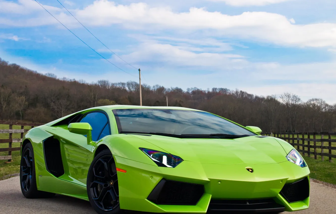 Photo wallpaper road, auto, the sky, green, green, supercar, LP700-4, Lamborghini Aventador